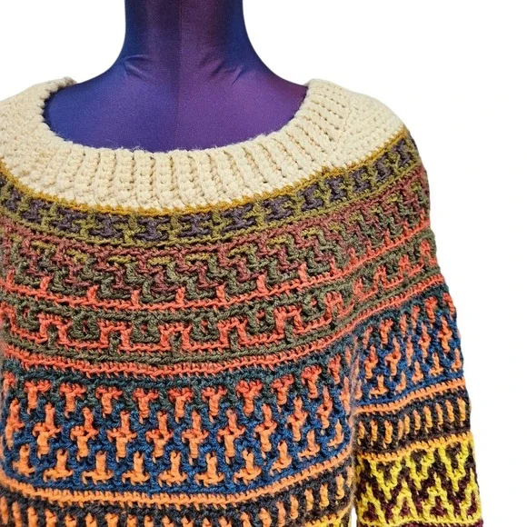 Handmade Crochet Mosaic Sweater Multi Color Geometric Boho Chunky Knit Pullover - Picture 3 of 6